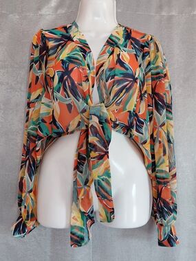 APRICOT Tropical  Leaf Print Chiffon Tie Front Vacation Crop Blouse Size-6